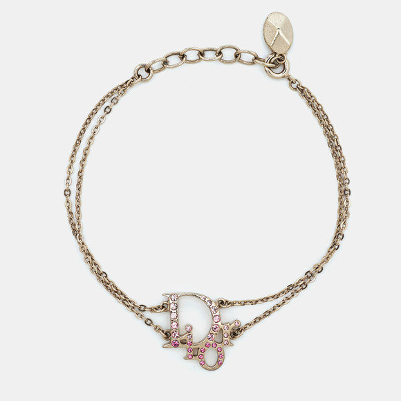 Dior Jewelry - DIOR Pink Crystal Oblique Charm Double Chain Bracelet